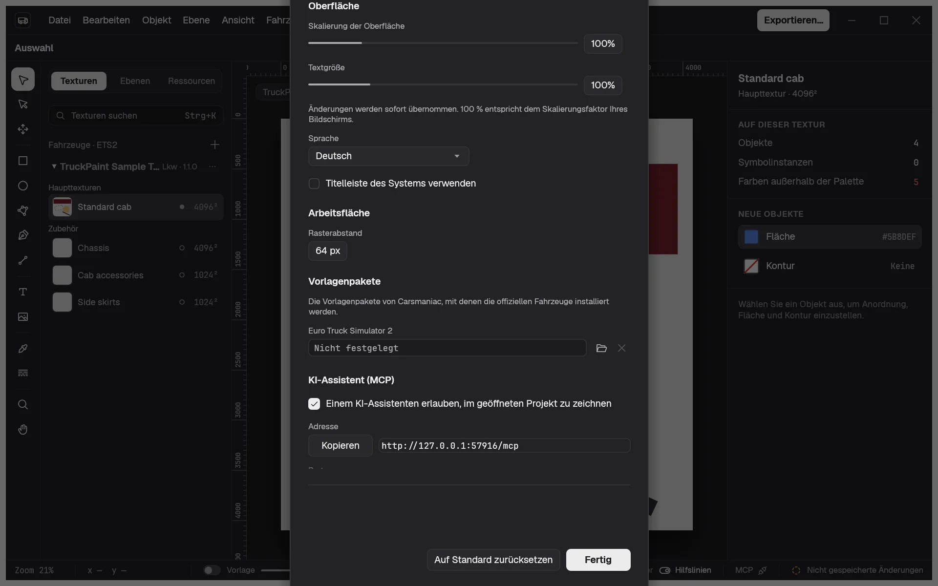 Der Dialog Einstellungen mit dem Abschnitt KI-Assistent (MCP): der eingeschaltete Server, sein Port und seine Adresse mit der Schaltfläche Kopieren