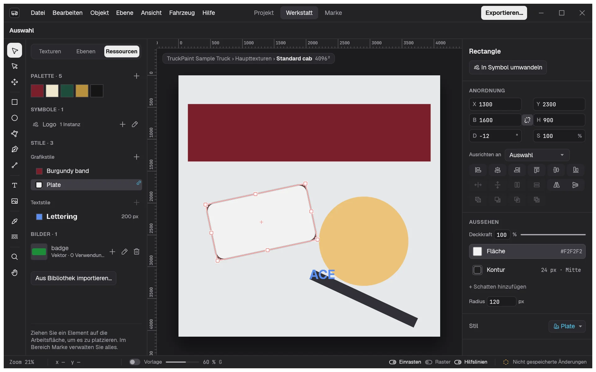 Die Registerkarte Ressourcen der Werkstatt mit einer Palette aus fünf Farbfeldern, Grafik- und Textstilen, dem Symbol Logo und einem Bild