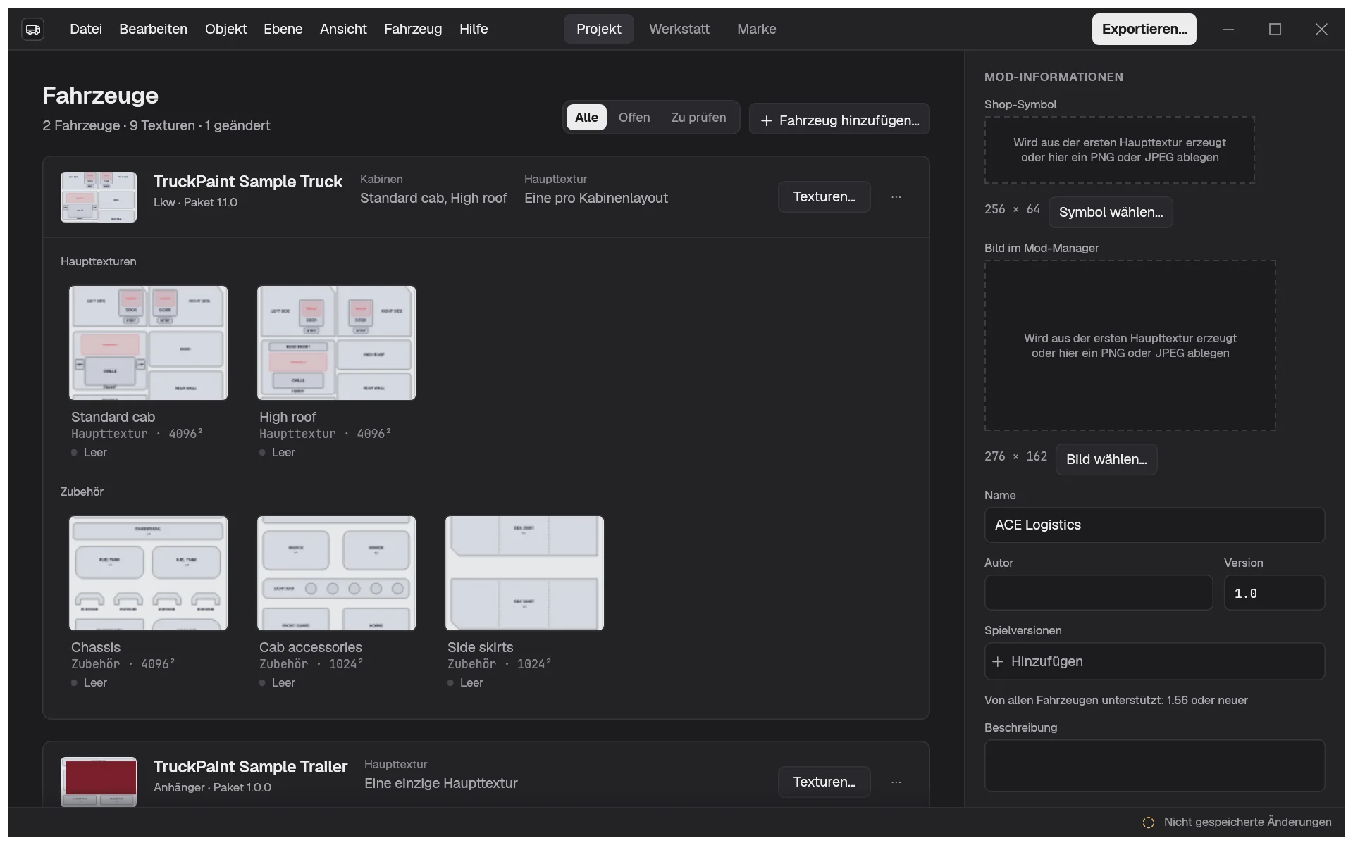 Der Bereich Projekt einer Flotte mit dem Beispiel-Lkw mit zwei Kabinen und dem Beispielanhänger, rechts die Spalte Mod-Informationen