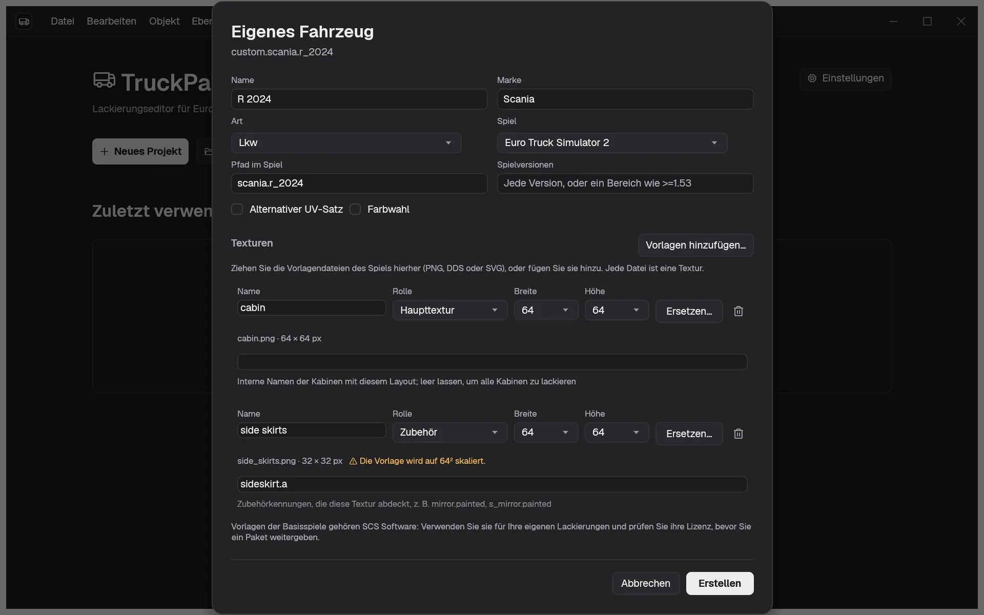 Der Dialog Eigenes Fahrzeug, ausgefüllt mit Name, Marke, Pfad im Spiel und zwei PNG-Vorlagen