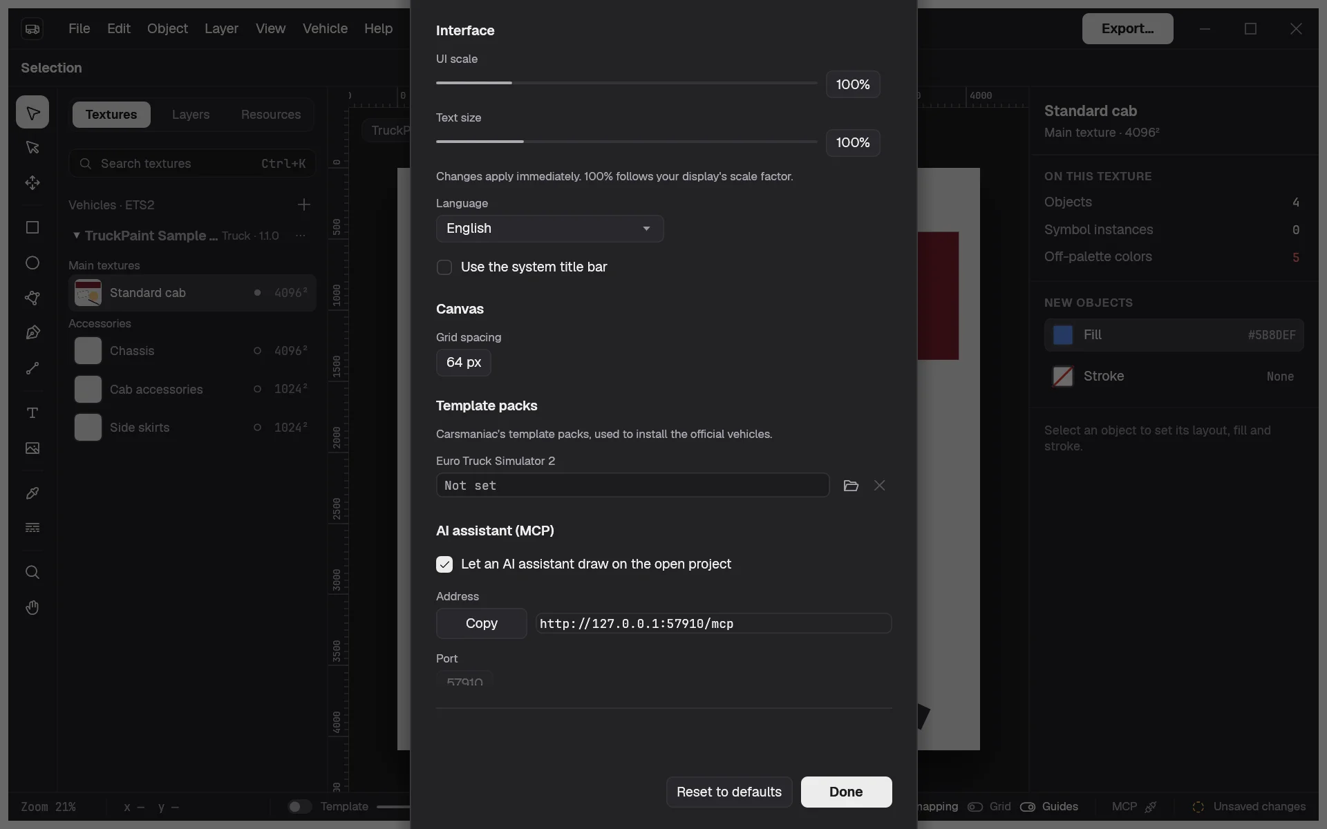 The Preferences dialog with the AI assistant (MCP) section: the server turned on, its port and its address with the Copy button