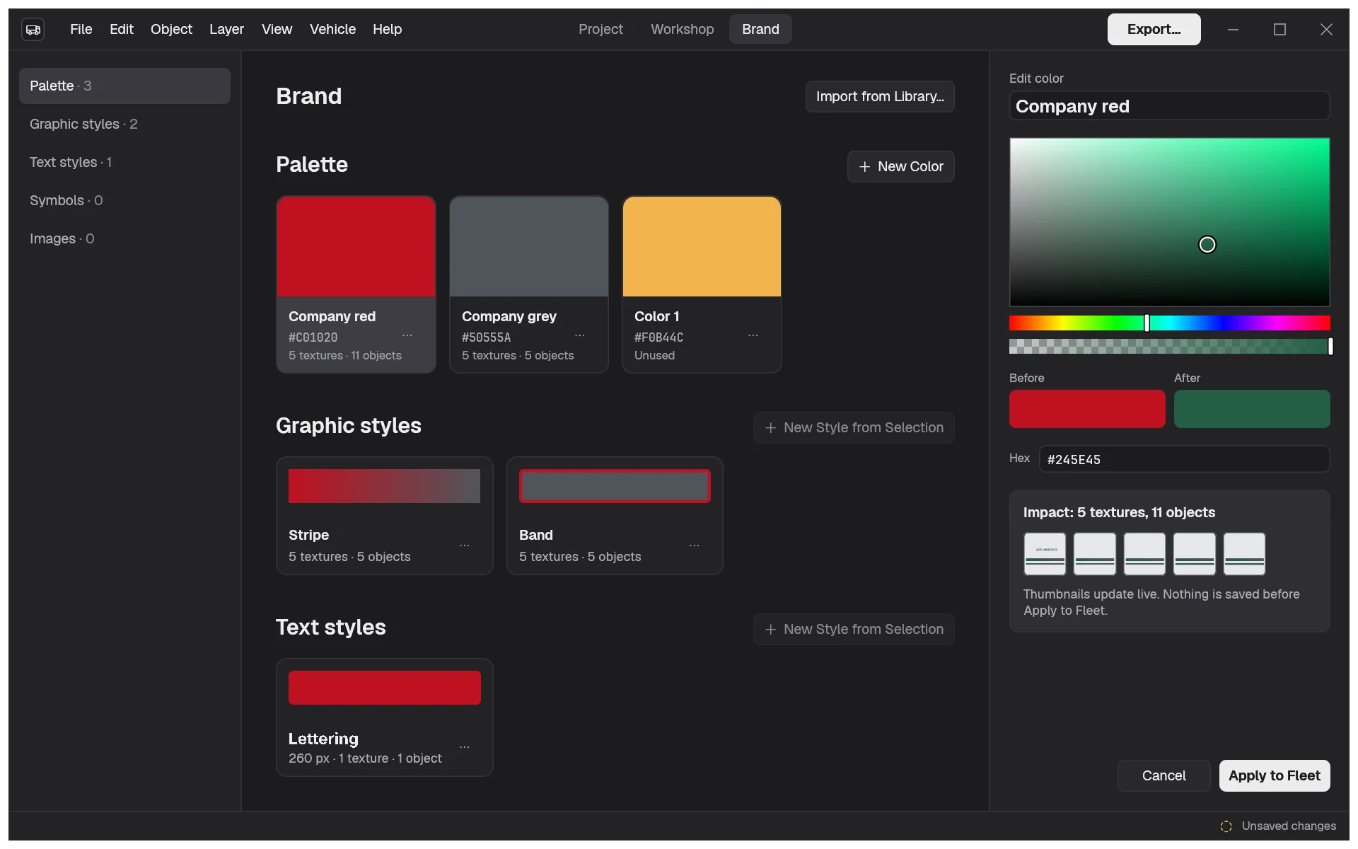 The Brand space editing the swatch Company red with a new green, with the Before and After previews and the impact on five textures