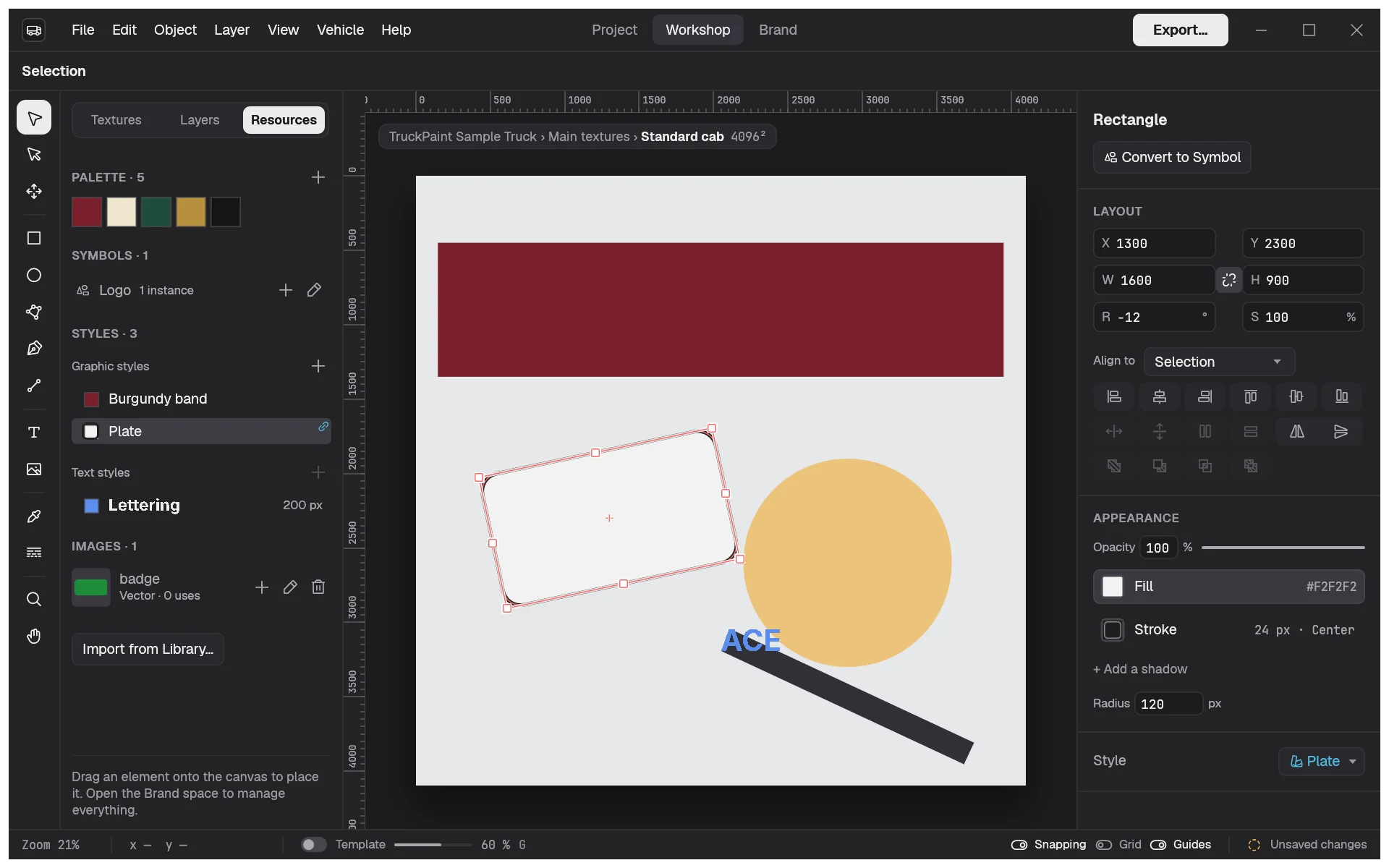 The Resources tab of the Workshop, listing a palette of five swatches, graphic and text styles, the symbol Logo and an image