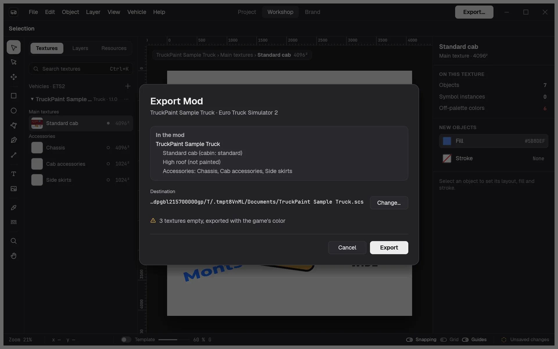 The Export Mod dialog with the summary of the mod, its destination with Change…, a warning about empty textures, and the Cancel and Export buttons