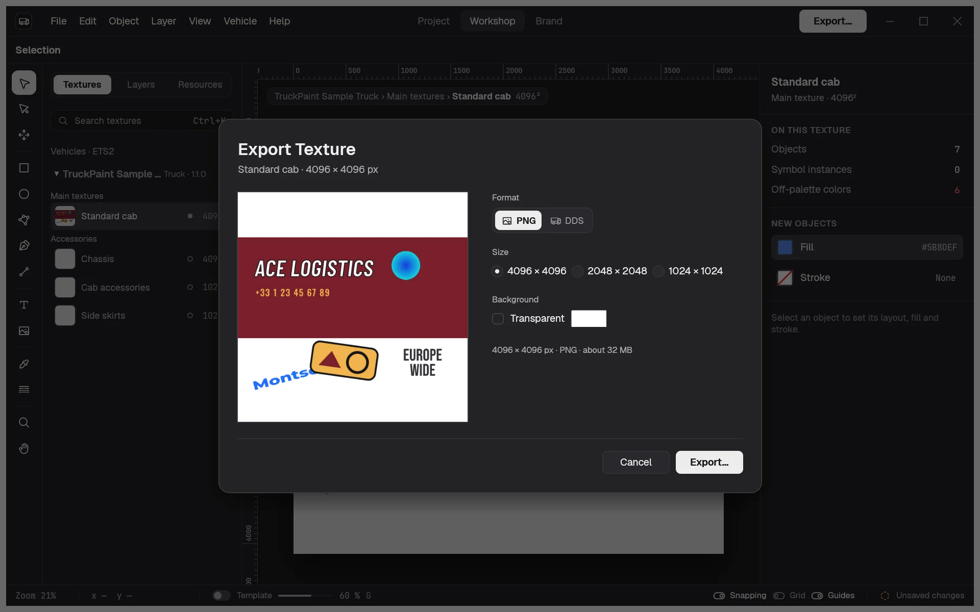The Export Texture dialog with its preview, the PNG and DDS formats, the size options and the background