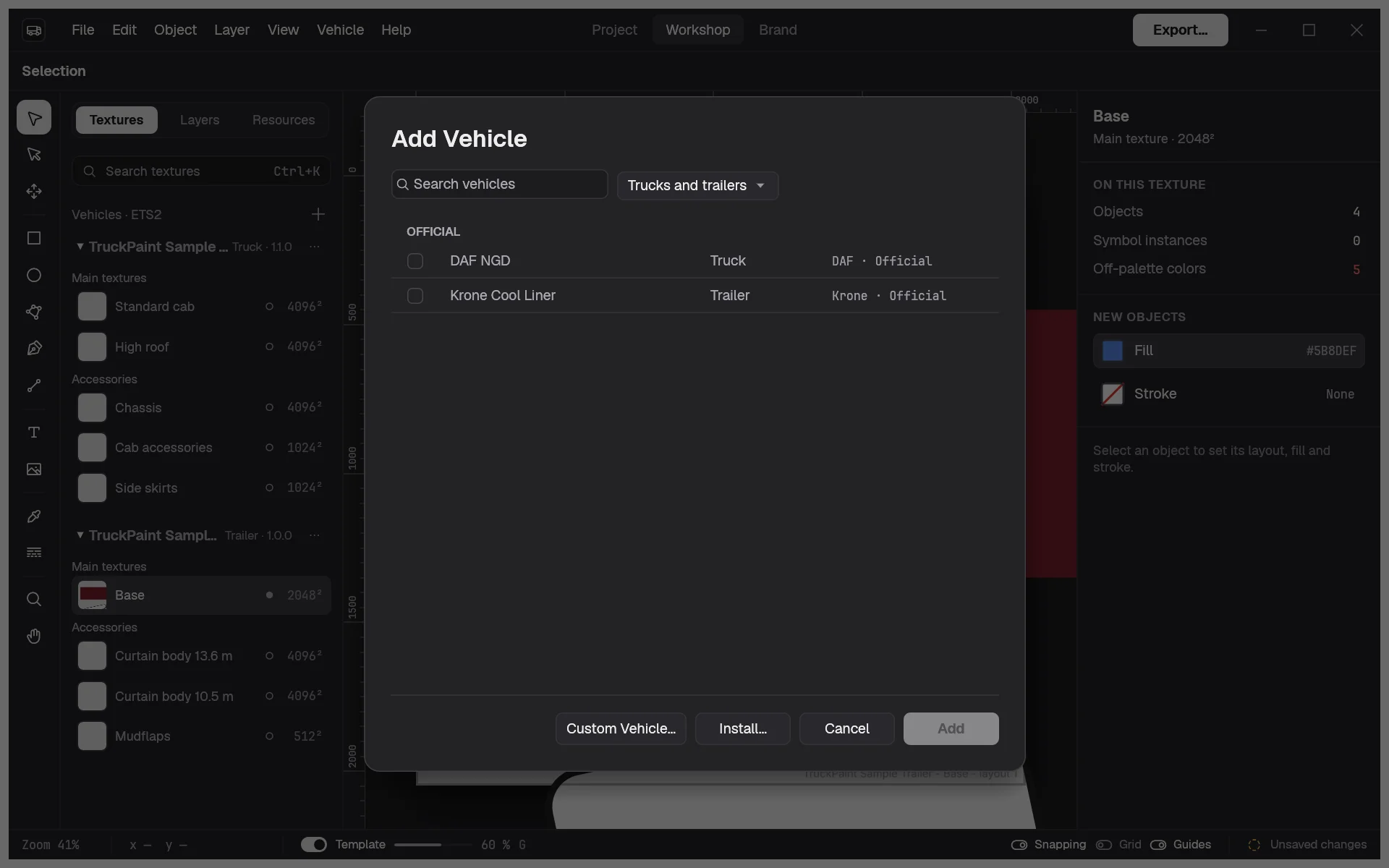The Add Vehicle dialog listing the vehicles of the project's game, with a vehicle checked and its textures below it