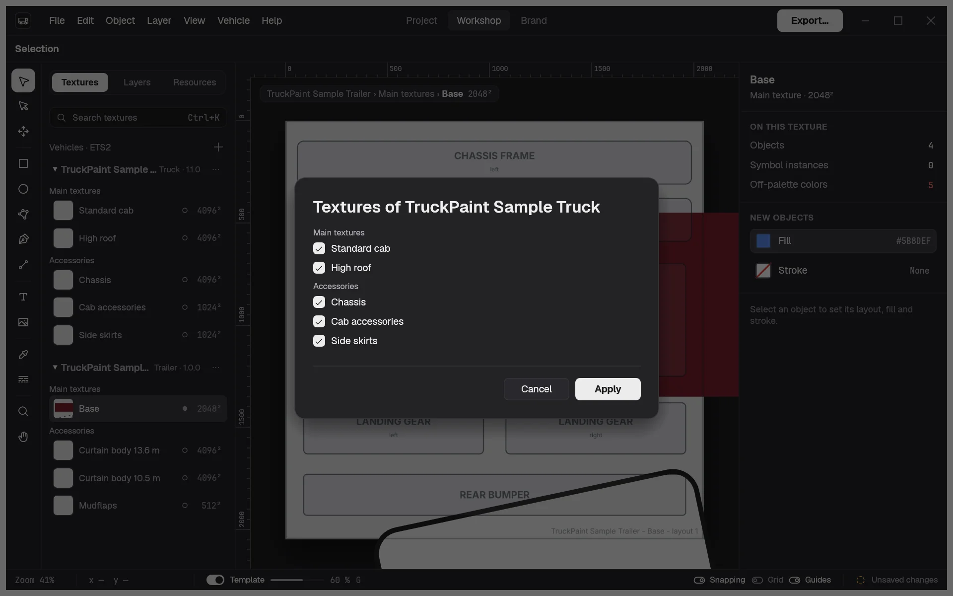 The Textures dialog of a vehicle, with its main textures and accessories as checkboxes