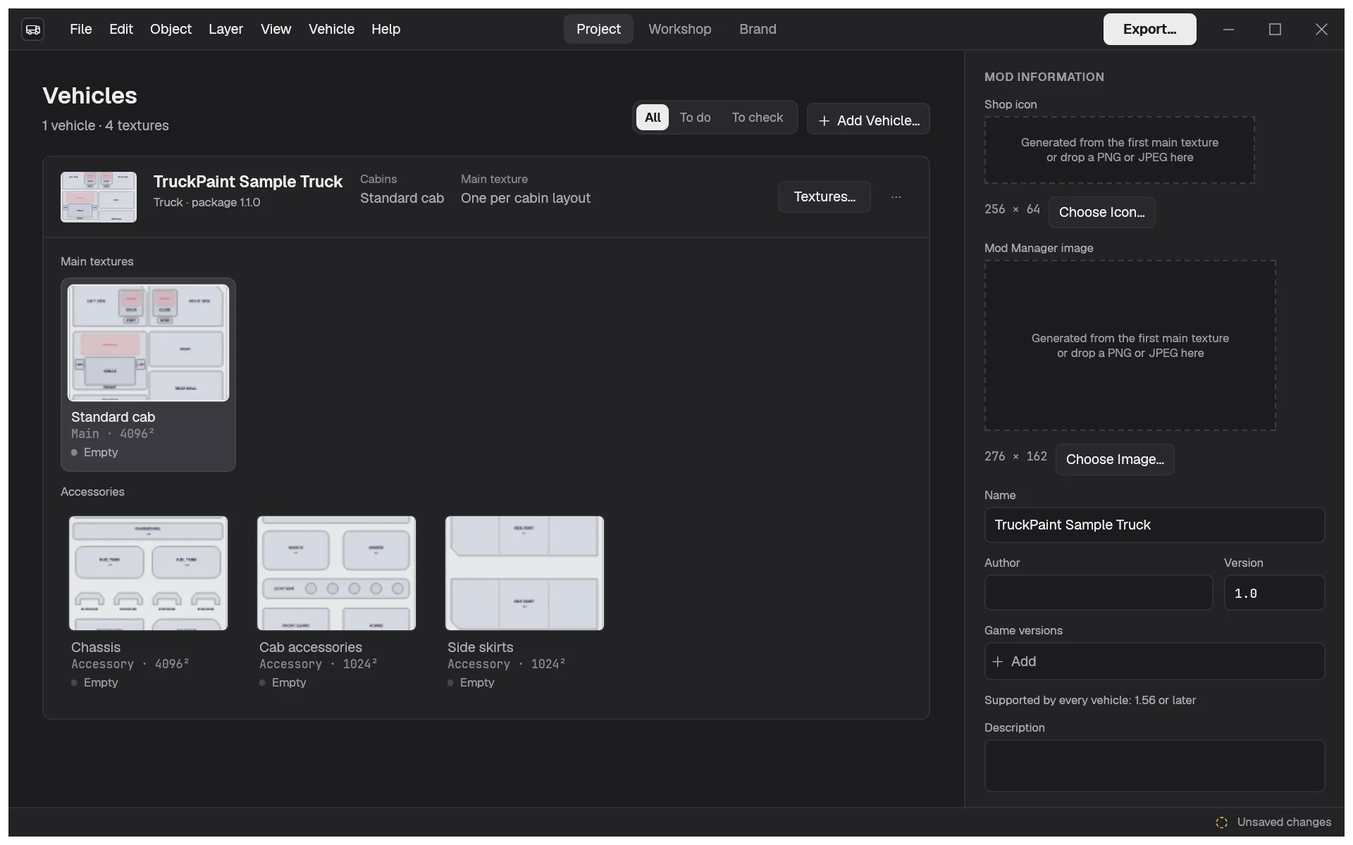 The Project space of the new project, with the sample truck's card listing its textures, all Empty