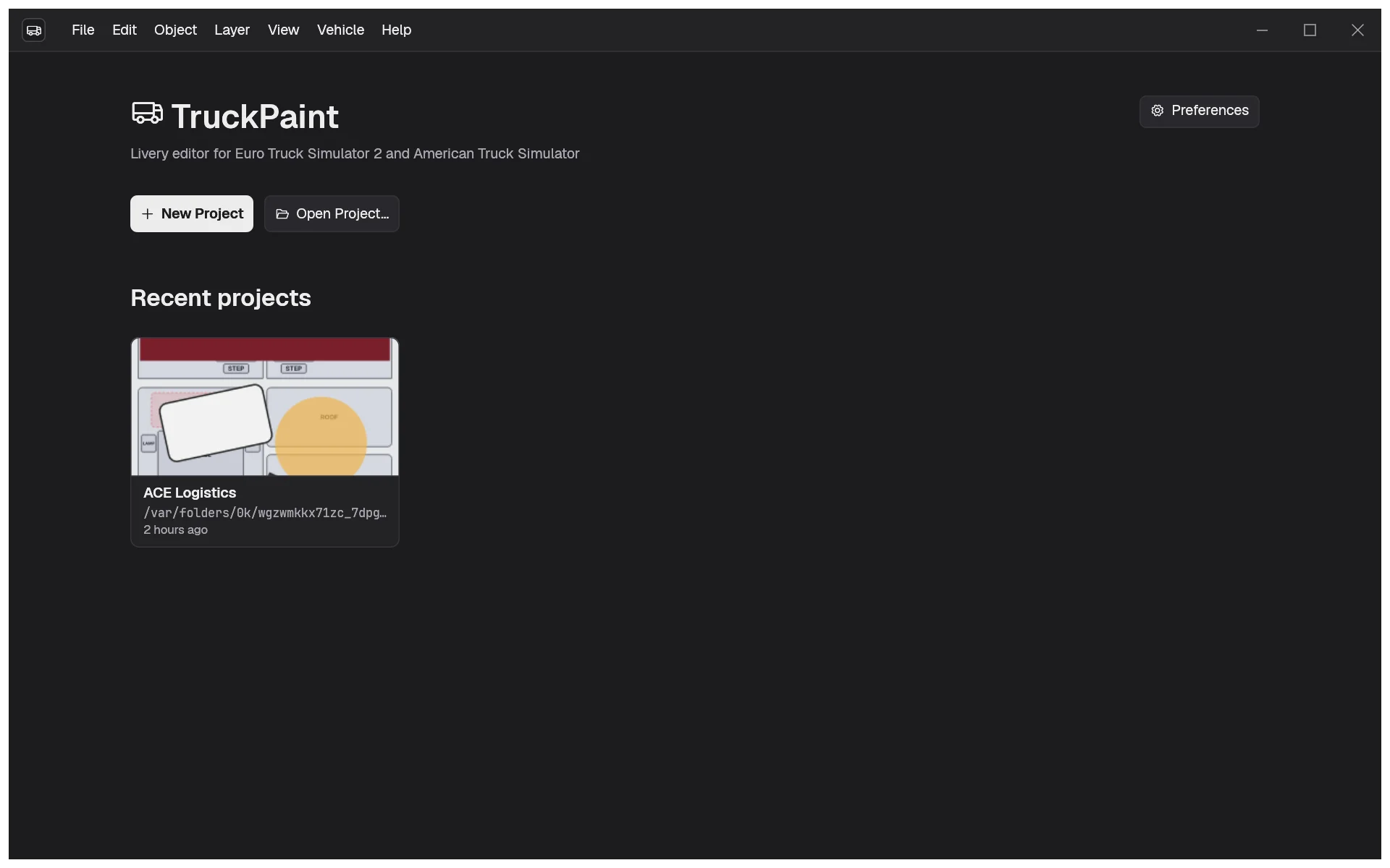 The TruckPaint home screen, with the New Project and Open Project buttons and a recent project card