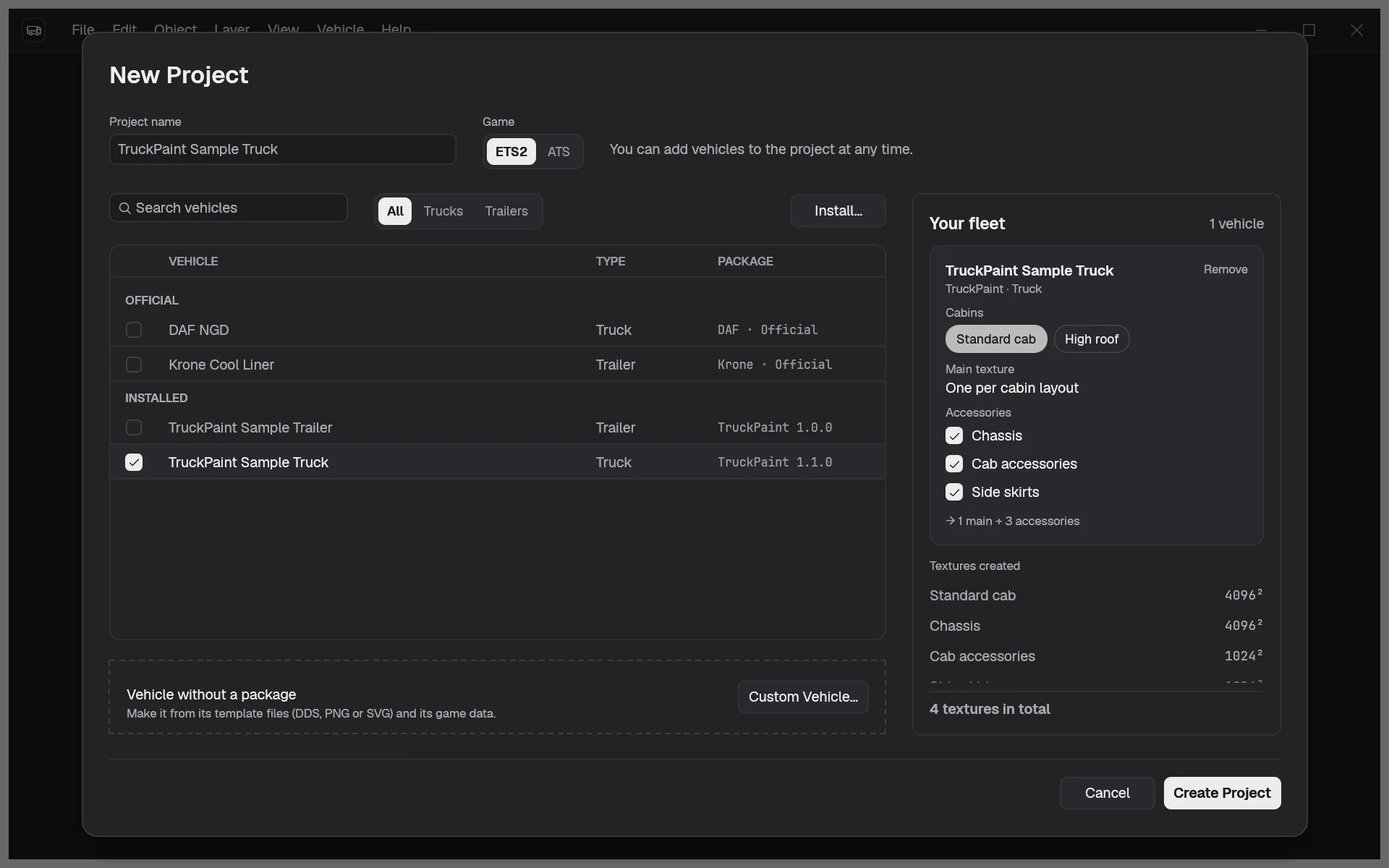 The New Project dialog with the sample truck checked in the vehicle list and its card open under Your fleet