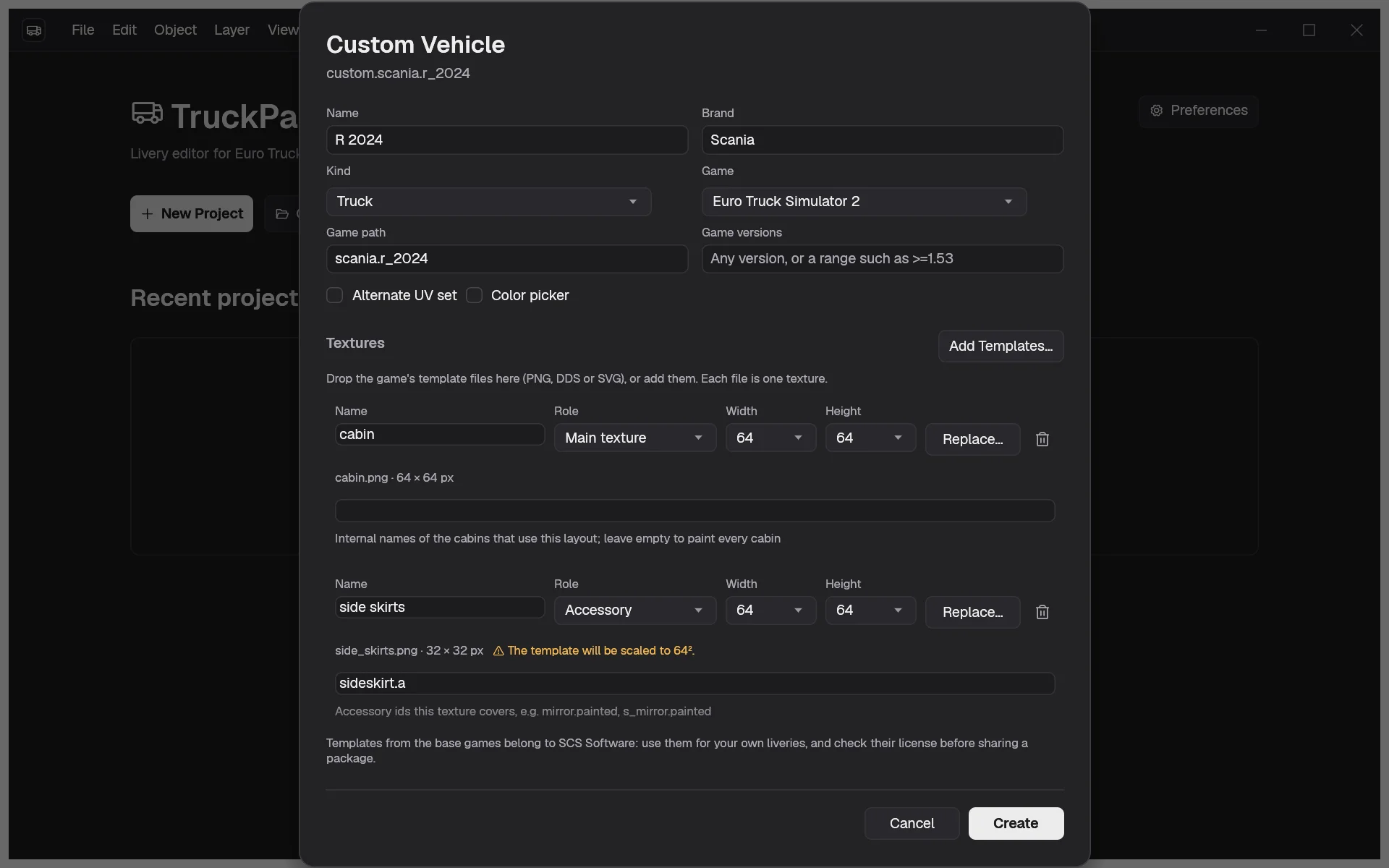 The Custom Vehicle dialog filled in with a name, a brand, a game path and two PNG templates