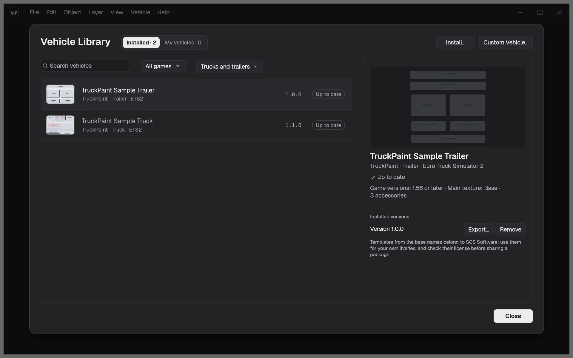 The Vehicle Library dialog, with the list of installed vehicles on the left and the details of the chosen vehicle on the right