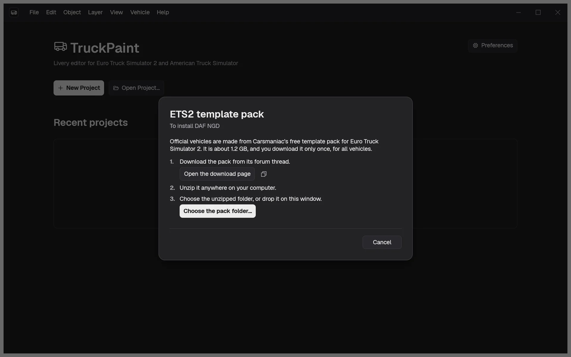 The template pack dialog shown after checking the DAF NGD, with the steps to download, unzip and choose the pack