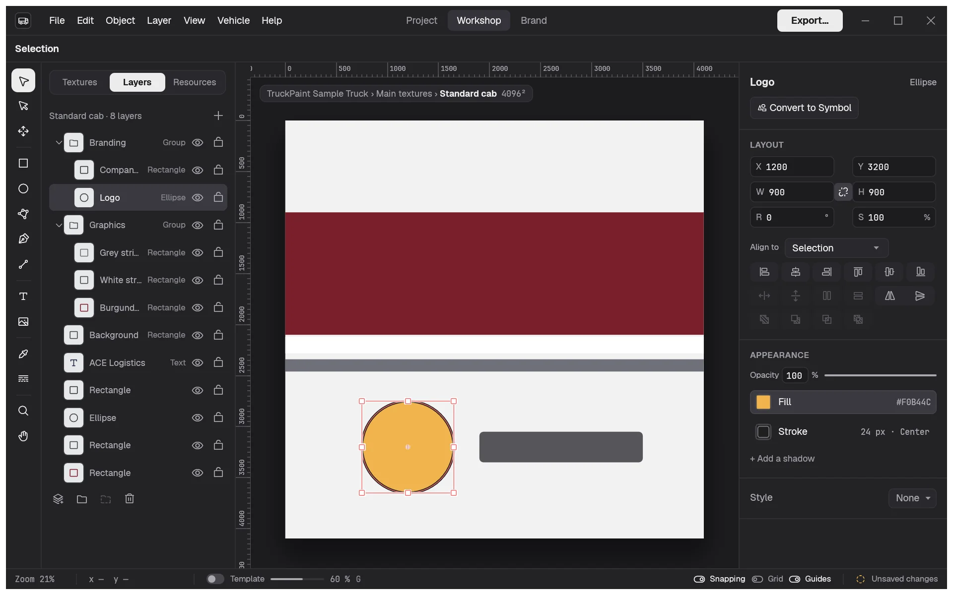 The Layers tab with a livery tree: Background, a Graphics group holding three stripes, and Branding, with one stripe selected.