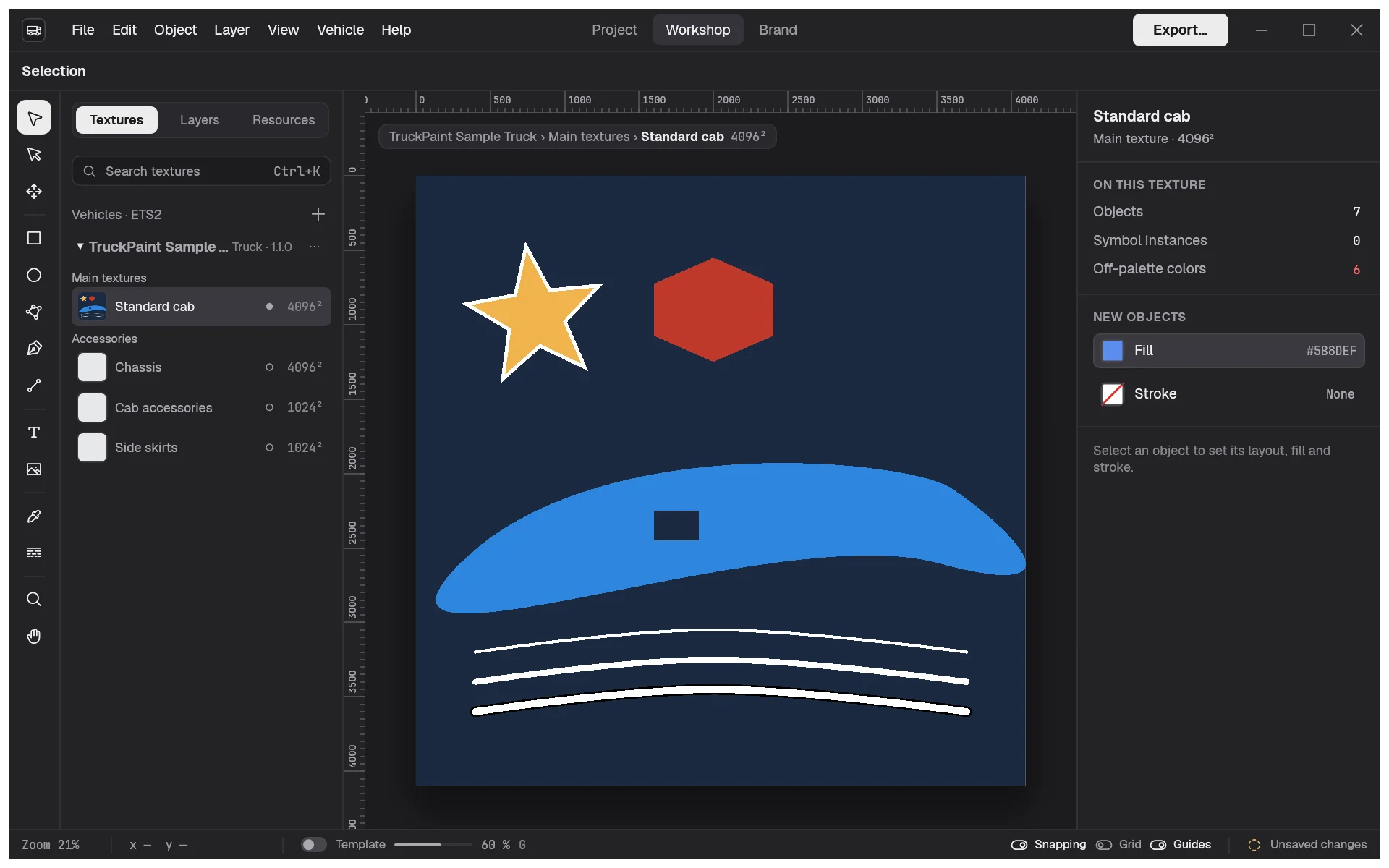 Stars, a polygon, a swoosh path with a hole and open lines on a texture.