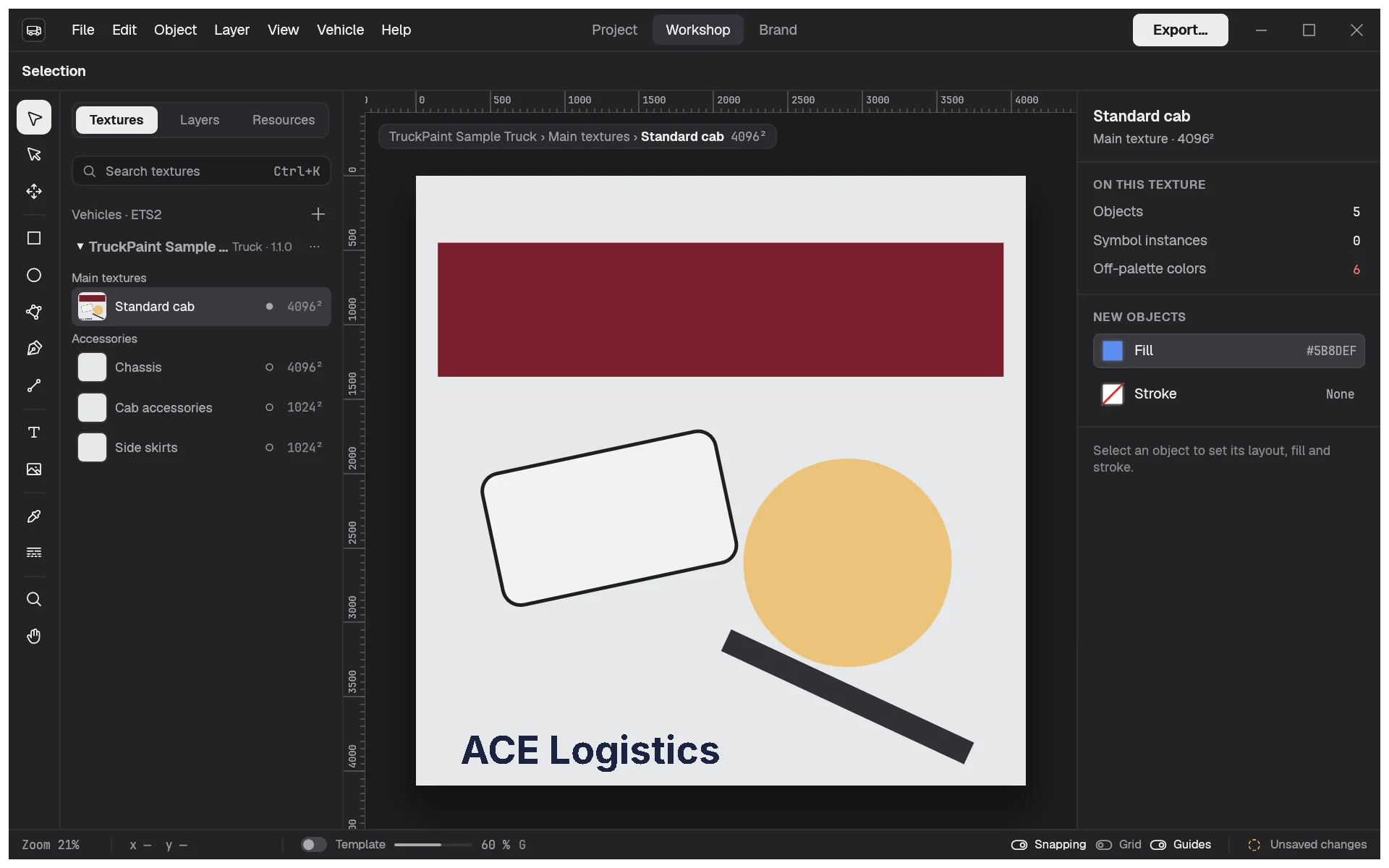 The Workshop with a simple livery: a band, a plate, an ellipse and the lettering ACE Logistics, drawn over the truck's template.