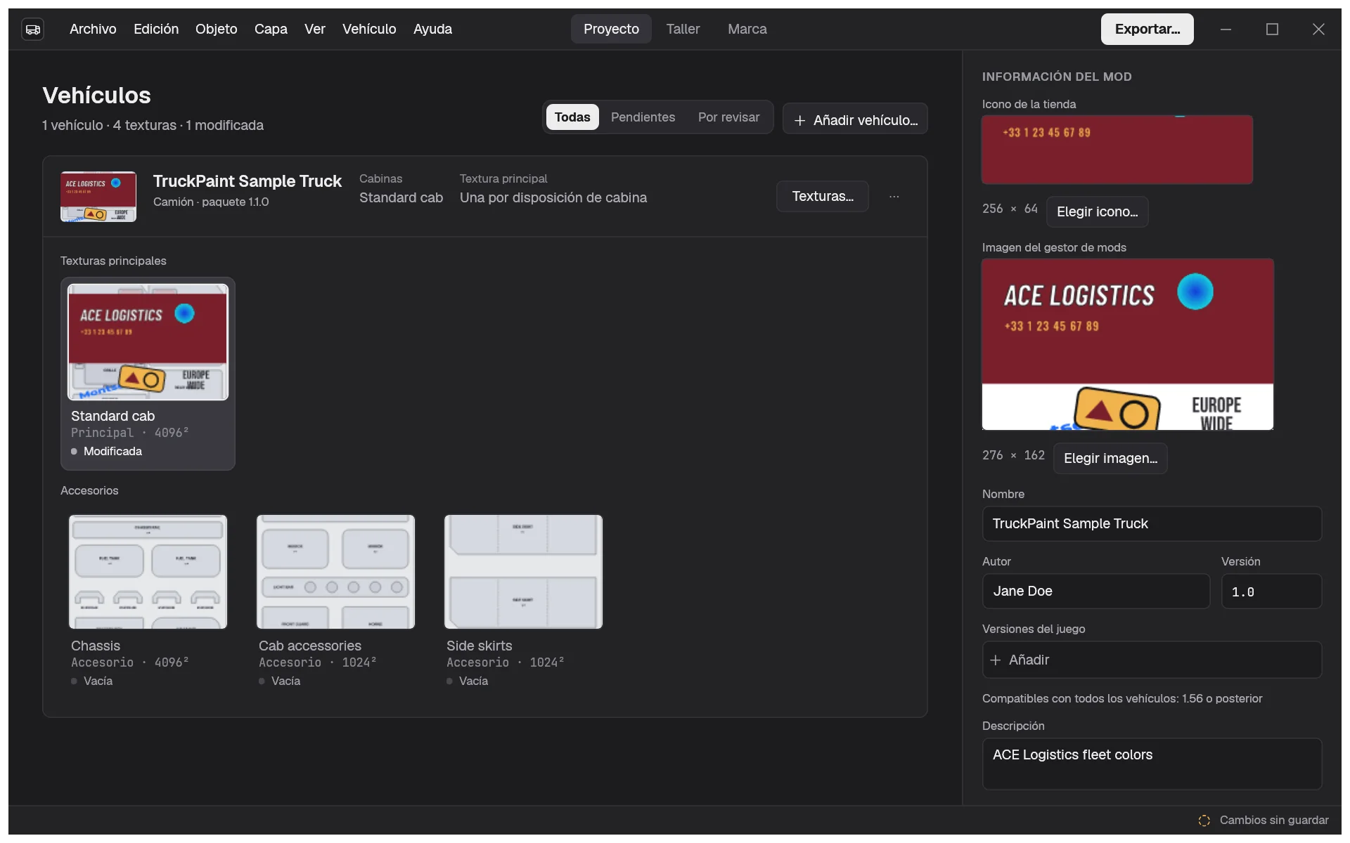 El espacio Proyecto con la columna Información del mod: el icono de la tienda, la imagen del Gestor de mods y los ajustes del mod
