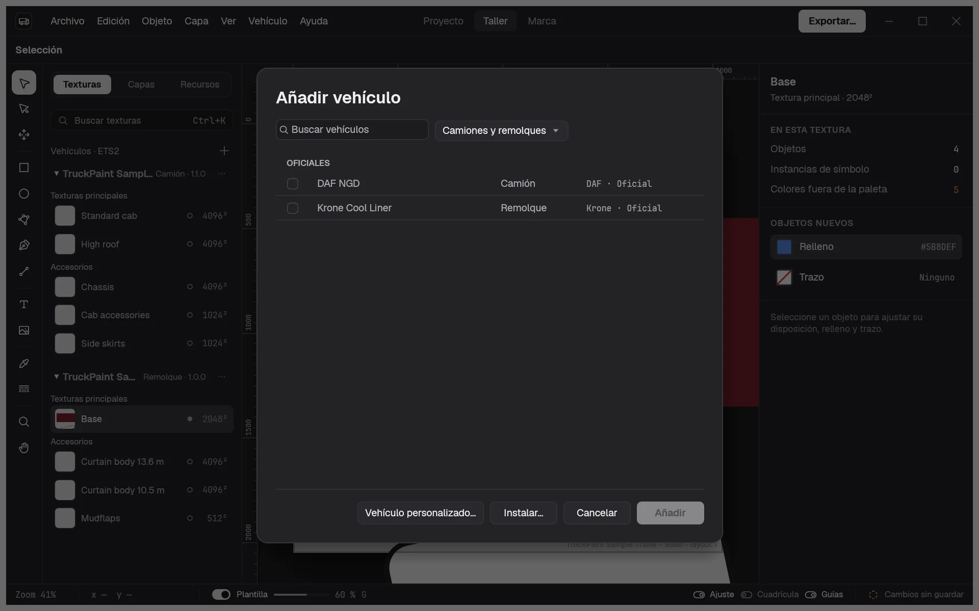 El diálogo Añadir vehículo con los vehículos del juego del proyecto, un vehículo marcado y sus texturas debajo