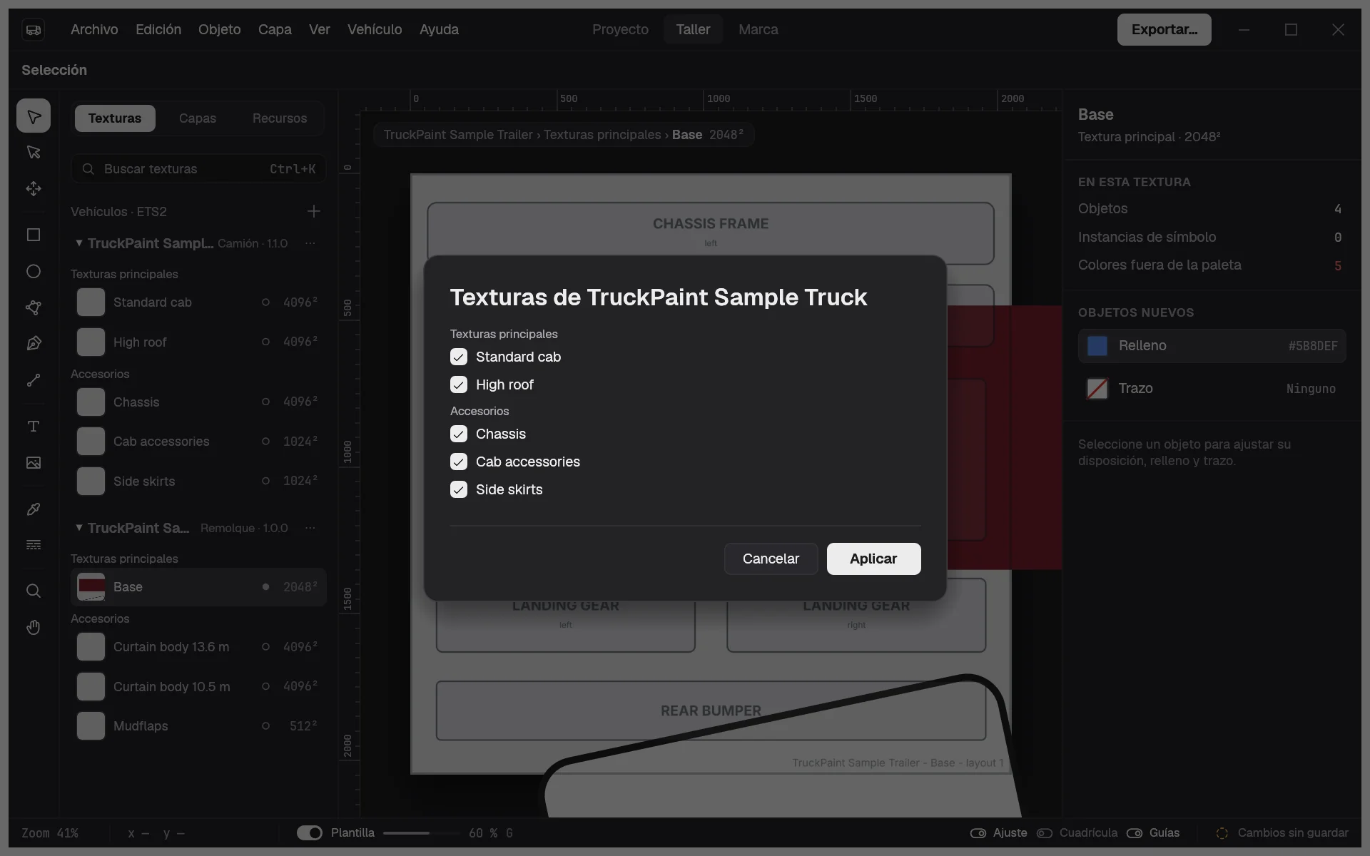 El diálogo Texturas de un vehículo, con sus texturas principales y sus accesorios como casillas