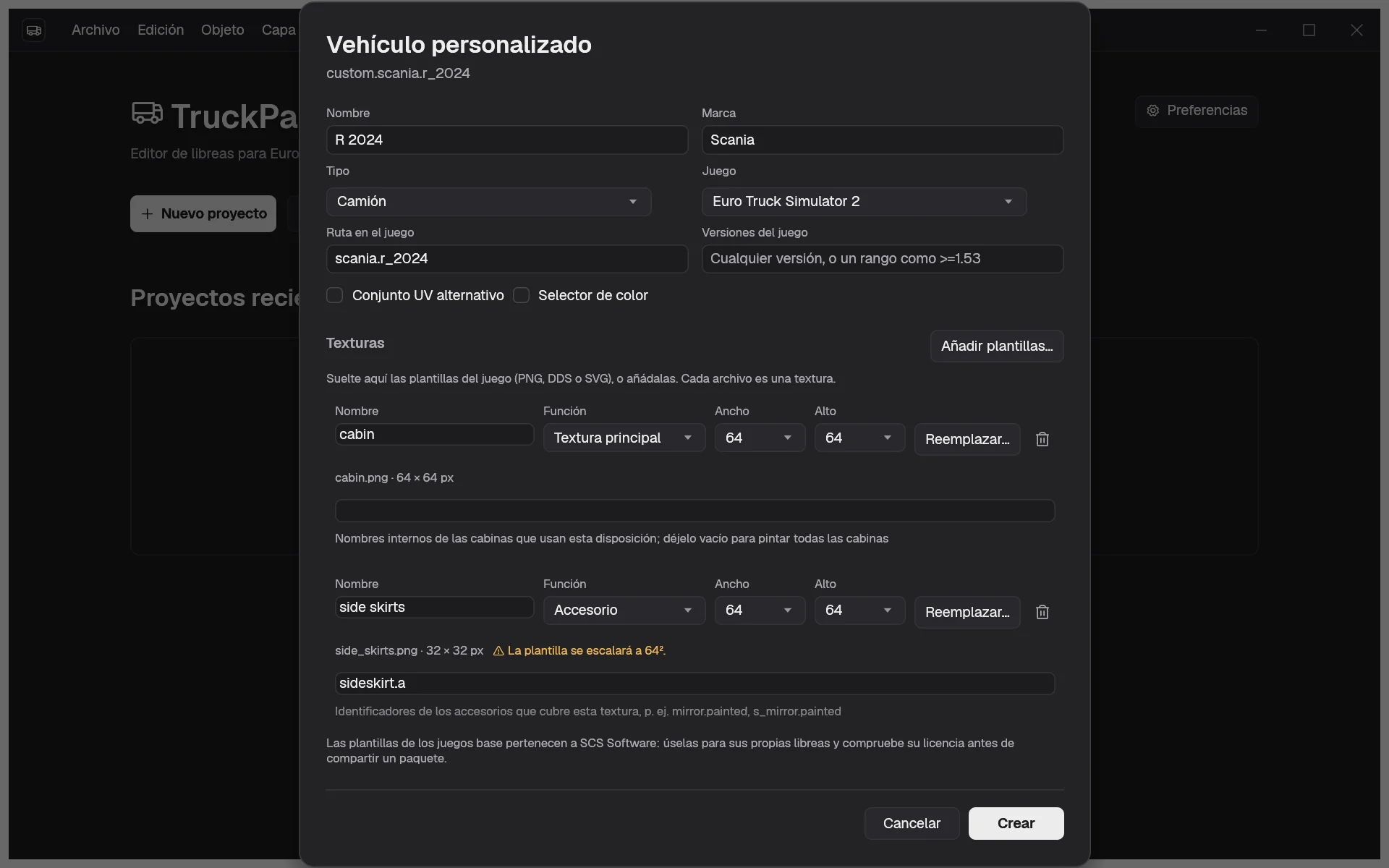 El diálogo Vehículo personalizado relleno con un nombre, una marca, una ruta en el juego y dos plantillas PNG