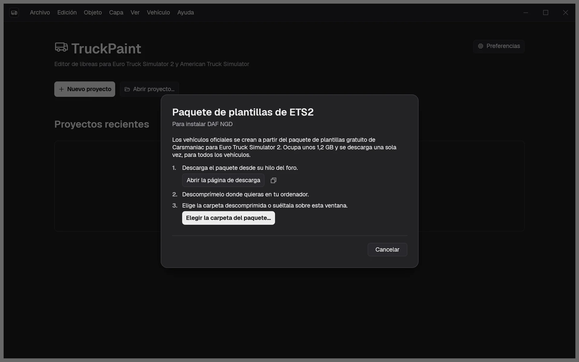 El diálogo del paquete de plantillas que aparece tras marcar el DAF NGD, con los pasos para descargar, descomprimir y elegir el paquete