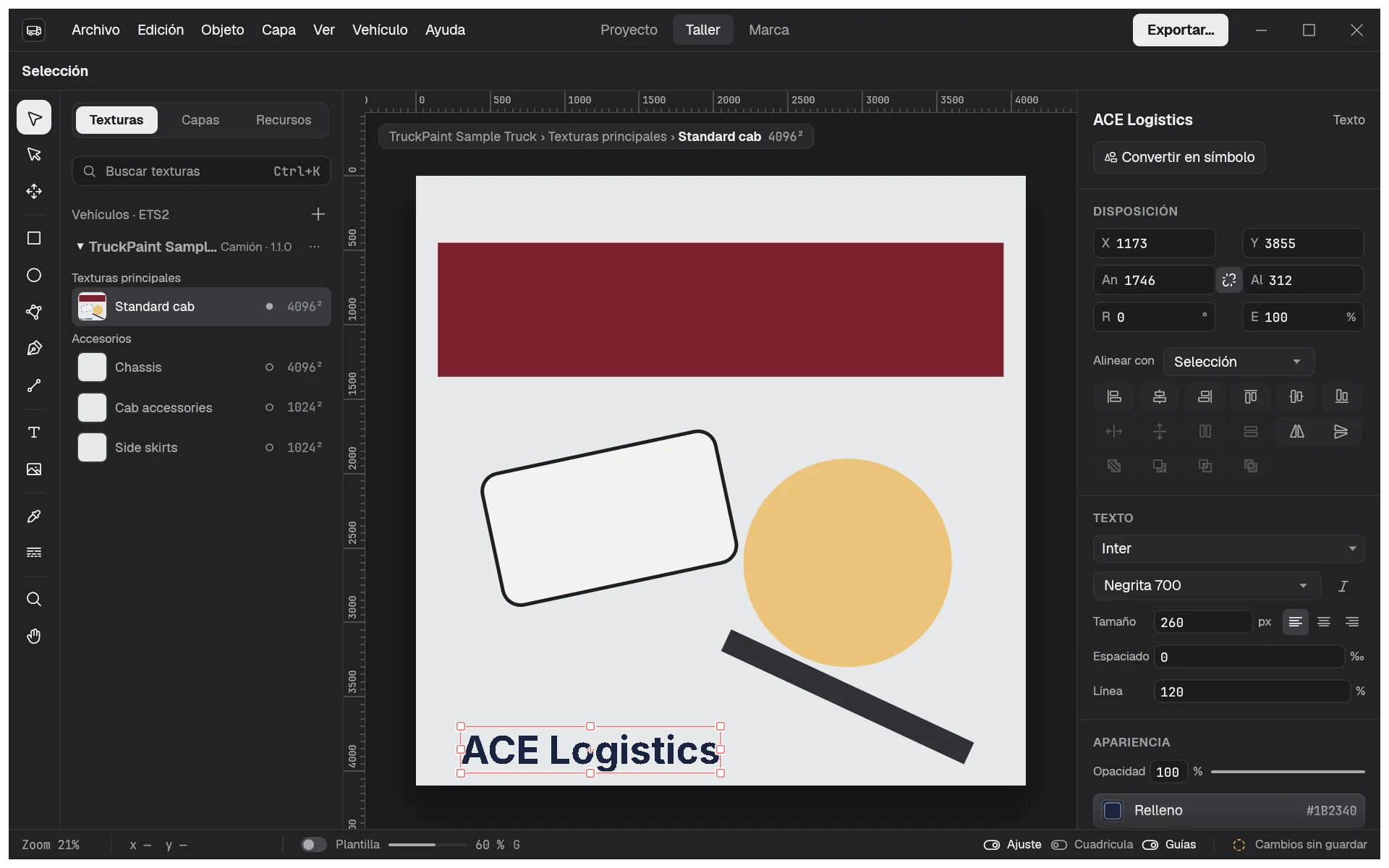 La rotulación ACE Logistics seleccionada, con su fuente, su tamaño y su espaciado en el inspector.
