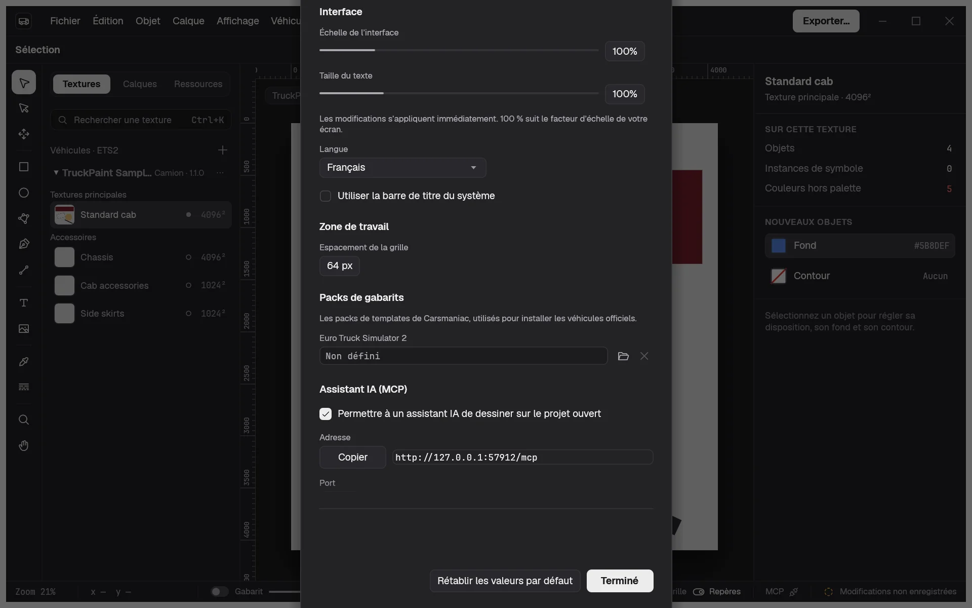 La boîte de dialogue Préférences avec la section Assistant IA (MCP) : le serveur activé, son port et son adresse avec le bouton Copier