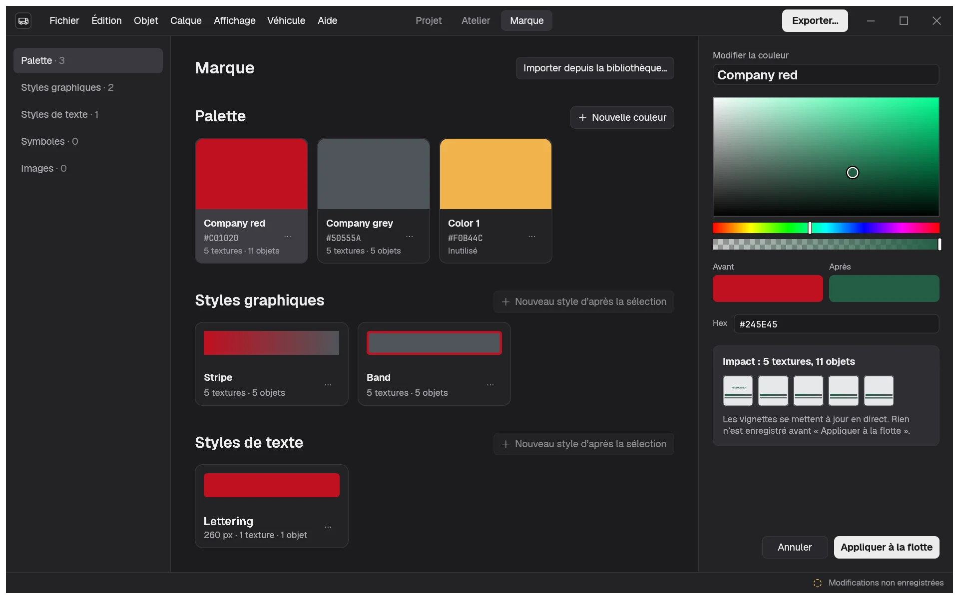 L’espace Marque en train de modifier la nuance Company red avec un nouveau vert, avec les aperçus Avant et Après et l’impact sur cinq textures