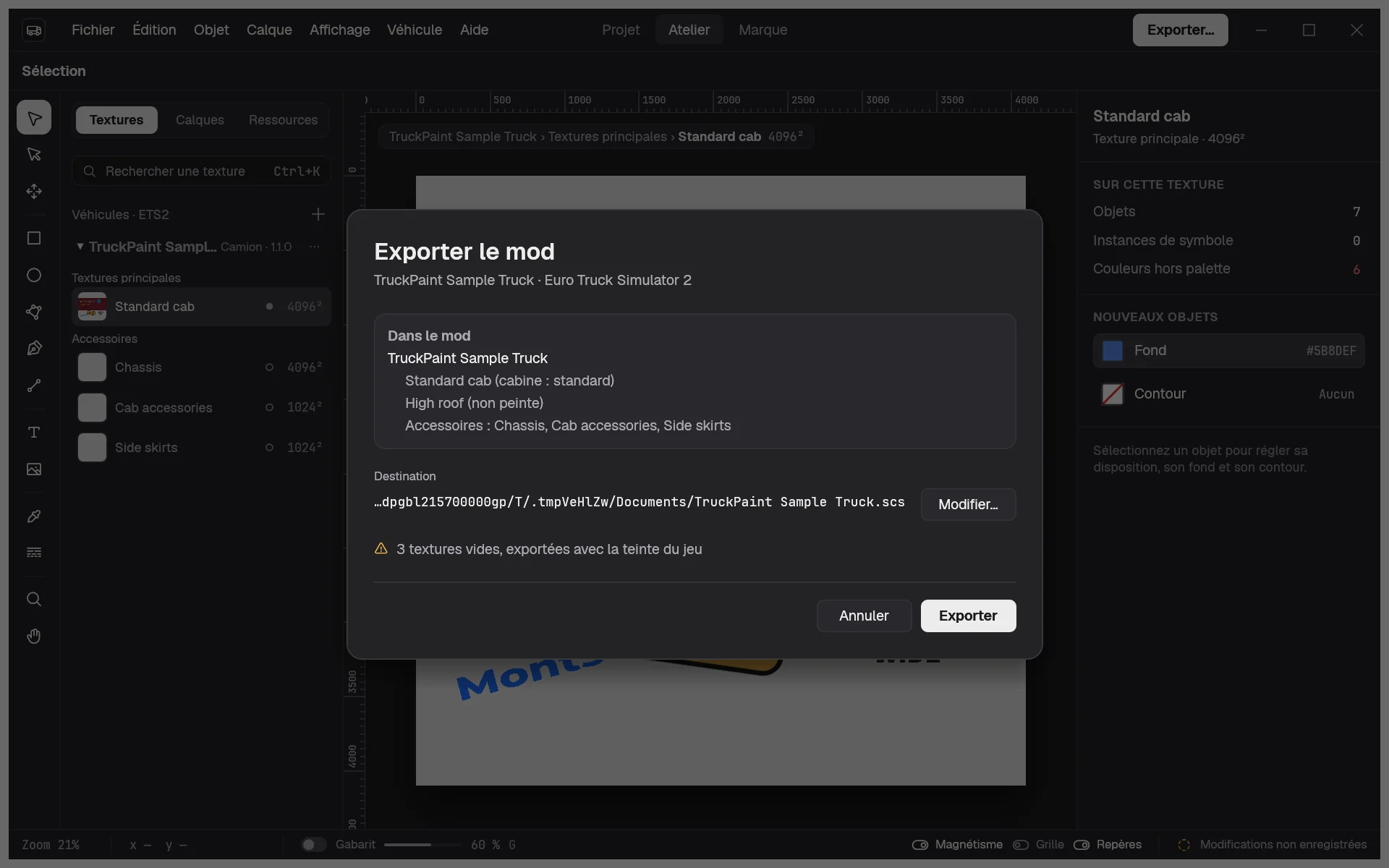 La boîte de dialogue Exporter le mod avec le récapitulatif du mod, sa destination avec Modifier…, un avertissement sur les textures vides, et les boutons Annuler et Exporter