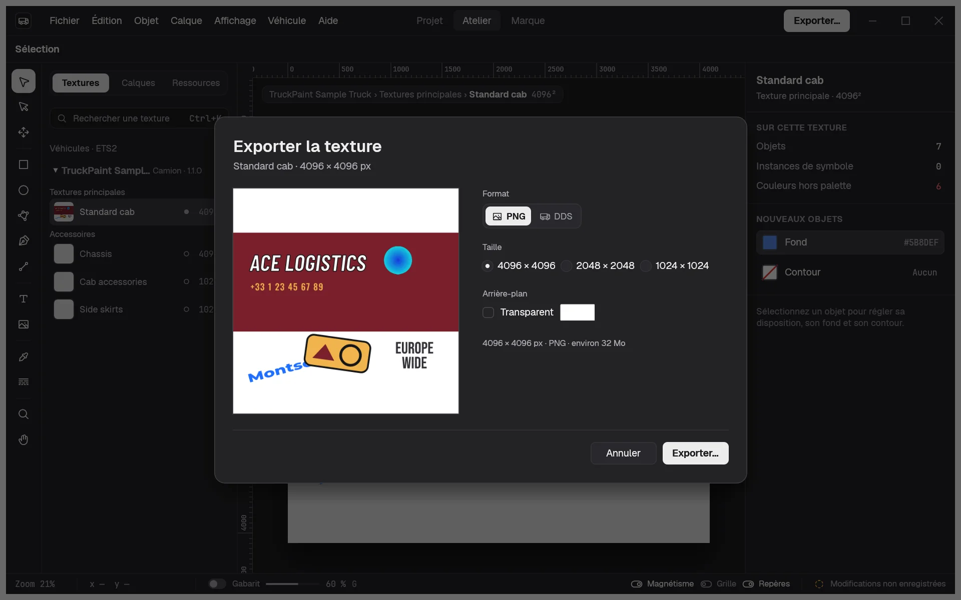 La boîte de dialogue Exporter la texture avec son aperçu, les formats PNG et DDS, les options de taille et l’arrière-plan