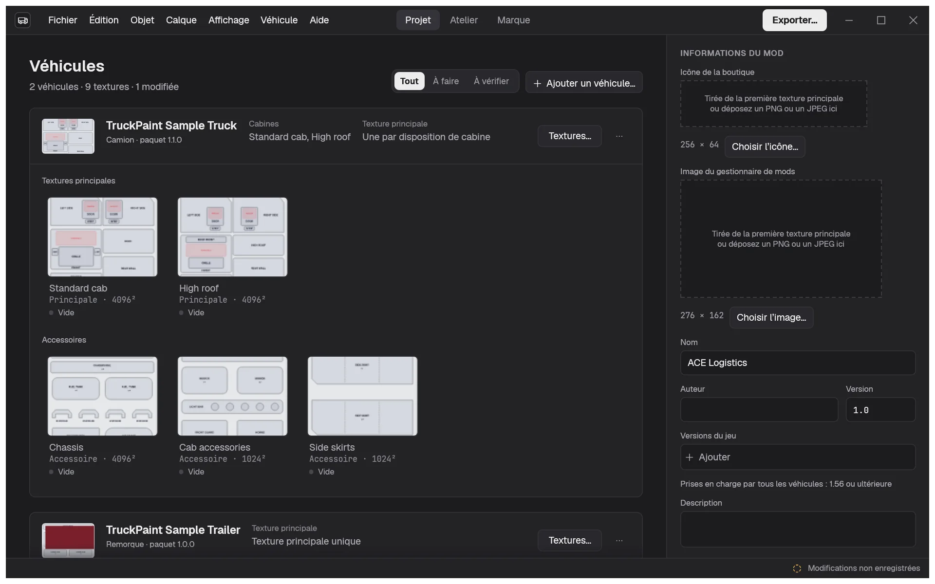 L’espace Projet d’une flotte contenant le camion d’exemple avec deux cabines et la remorque d’exemple, avec la colonne Informations du mod à droite
