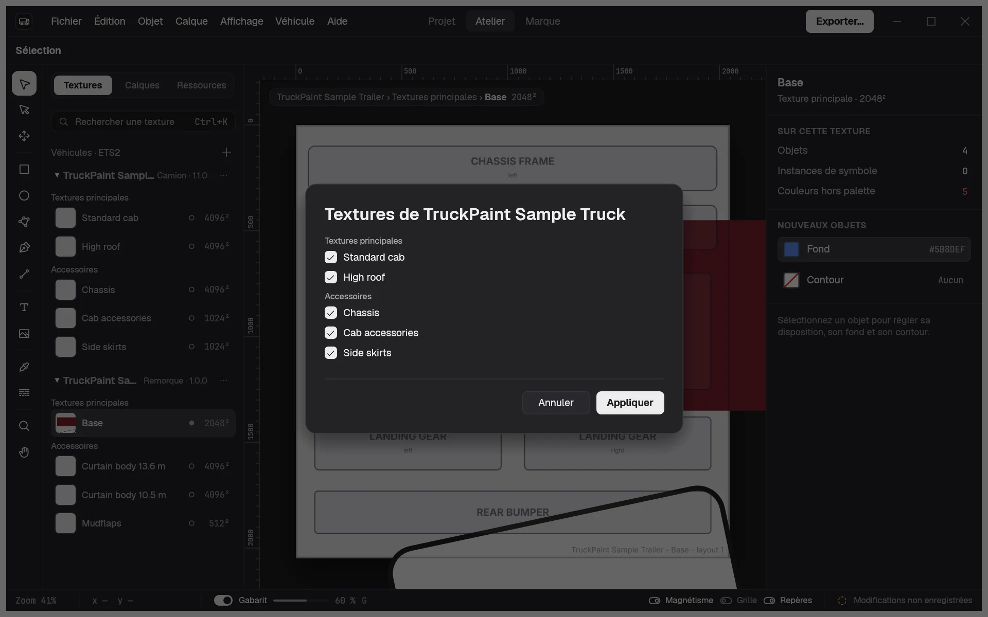 La boîte de dialogue Textures d’un véhicule, avec ses textures principales et ses accessoires sous forme de cases à cocher