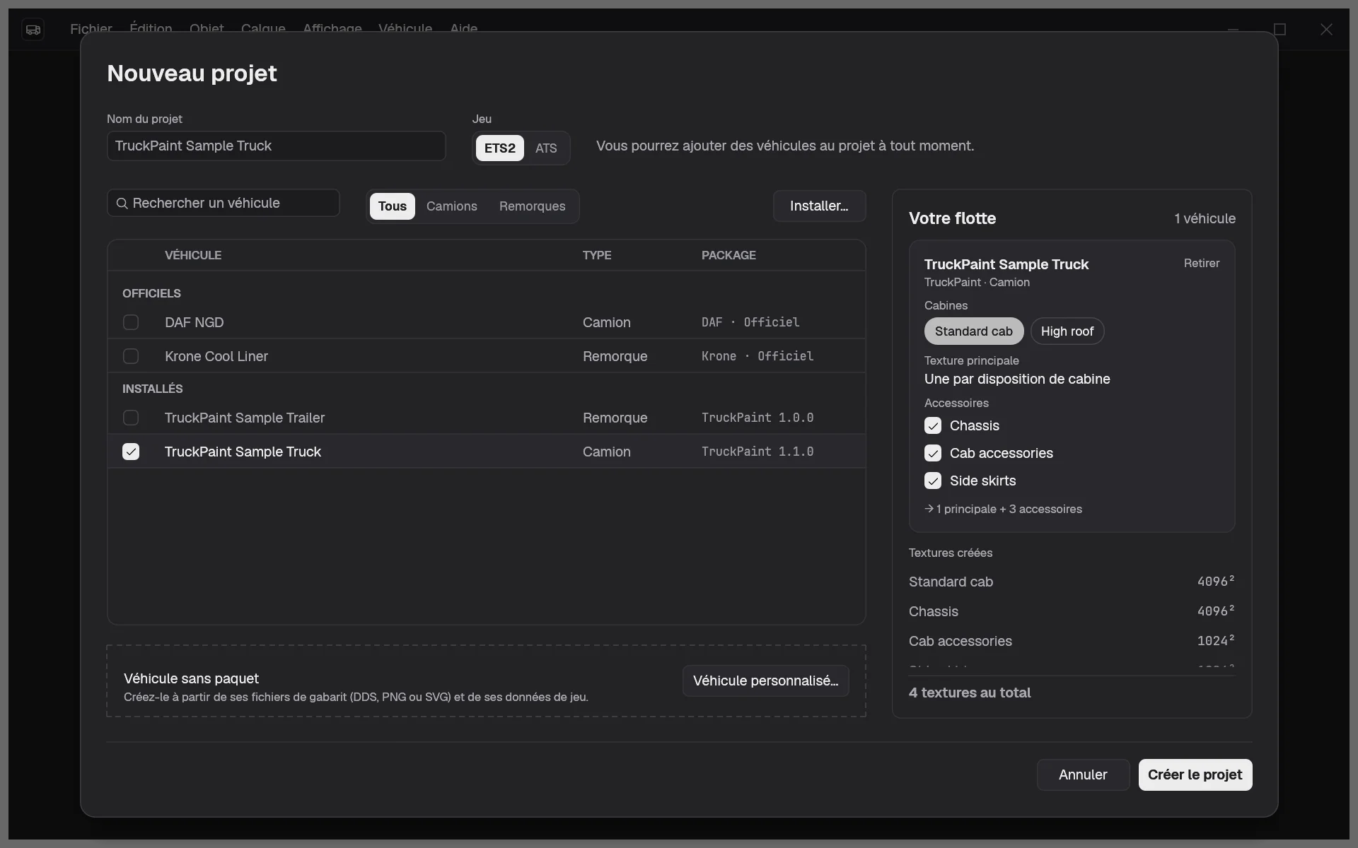 La boîte de dialogue Nouveau projet, avec le camion d’exemple coché dans la liste des véhicules et sa carte ouverte sous Votre flotte